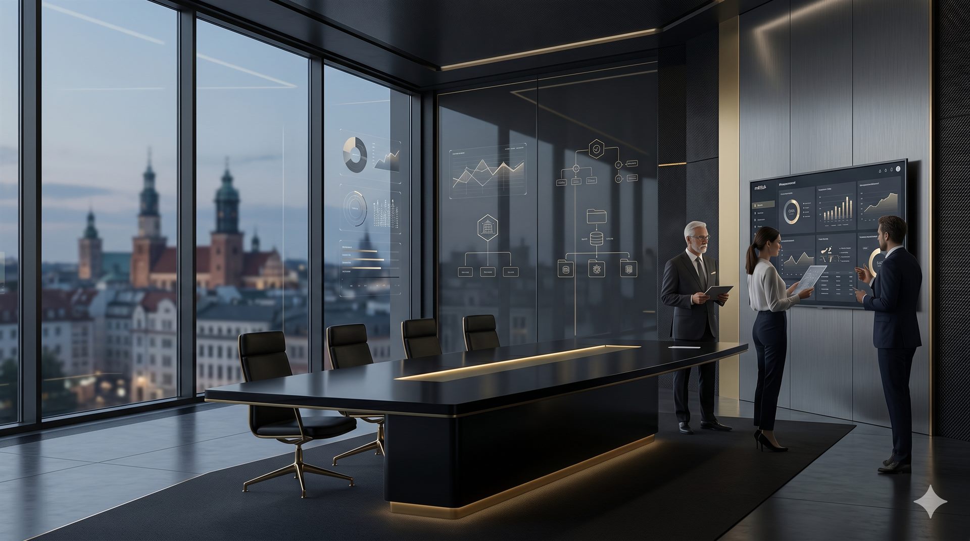 Sala zarządu z analizą wskaźników IT na tle panoramy miasta